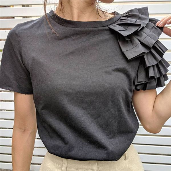 

womens ruffle o-neck summer tshirts woman shorts sleeve  solid color tees women high fashion stylish, White
