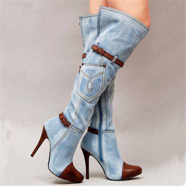 

over the knee women boots autumn winter denim high heels ladies shoes buckle strap platform long boots thigh high boots, Black