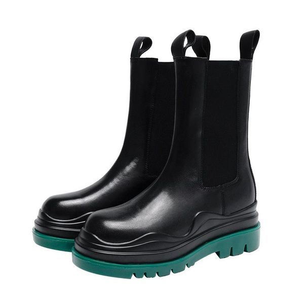 

boots same leather boots women039s short green thick bottomed medium tube are thin and, Black