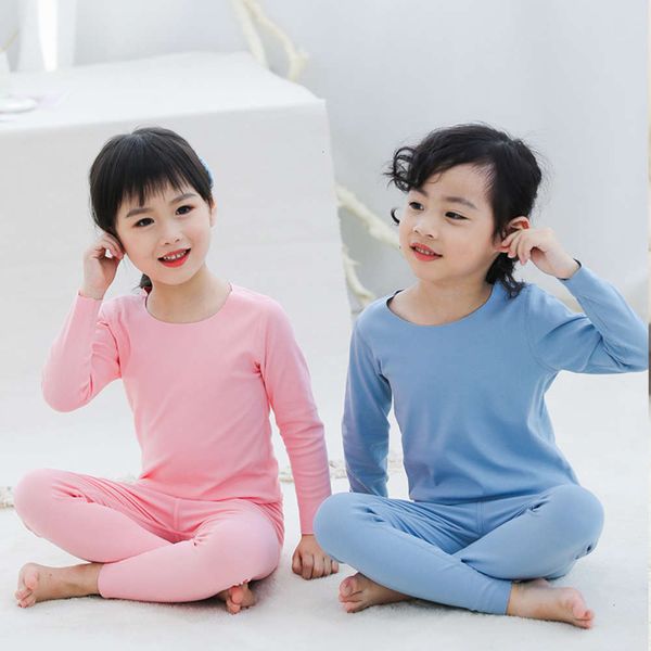 

children's set tracels and underwear winter autumn plush bottomed housewear pajamas 20 bonels elastic solid color printing l57h, Blue;red