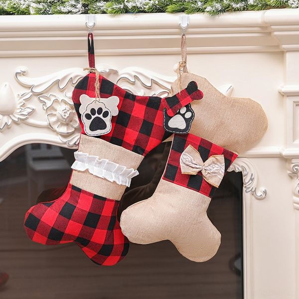 

i5q3i new pendant products linen decorative zeybc plaid bone stockings christmas stockings children's gift bag candy bag tree pendant g