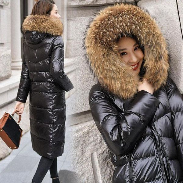 

long white duck black down coat women thick fur collar hooded winter large size windproof snow outwear warm female puffer jacket