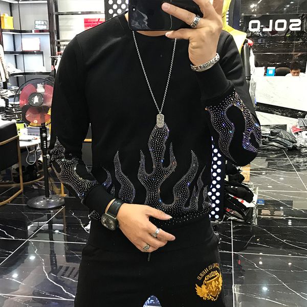 

hip mens rhinestone beading black sweatshirts long sleeves warm t shirt fashion/studio/bling style