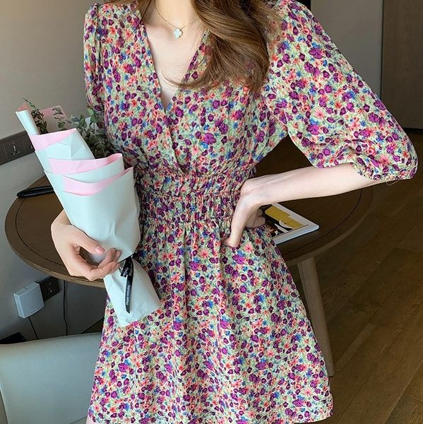 

g17hp v-neck mid-length floral new for slimming 2020 spring dress and summer chiffon french women high aline dress lusgn, Black;gray