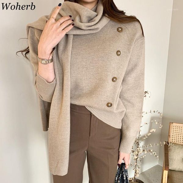 

woherb chic korean single breasted pullovers oversized sweaters knitwear weater fall 2020 women clothes jumper with scarf 4e7091, White;black