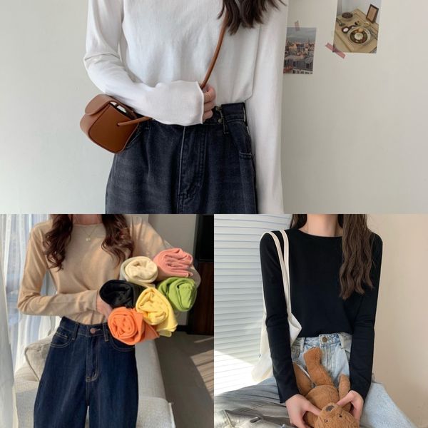 

новый корейский сплошной цвет тонкий штуцер вокруг шеи керлинг пассивом длинный top t- рукава рубашки трикотажная топ футболка для женщин er, White;black