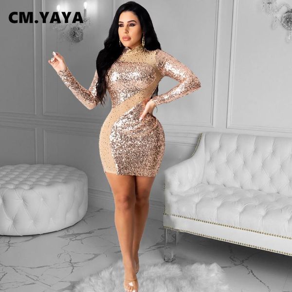 

cm.yaya autumn winter mesh see though sequins women mini dress long sleeve bandage bodycon night club v-neck midi dresses1, Black;gray