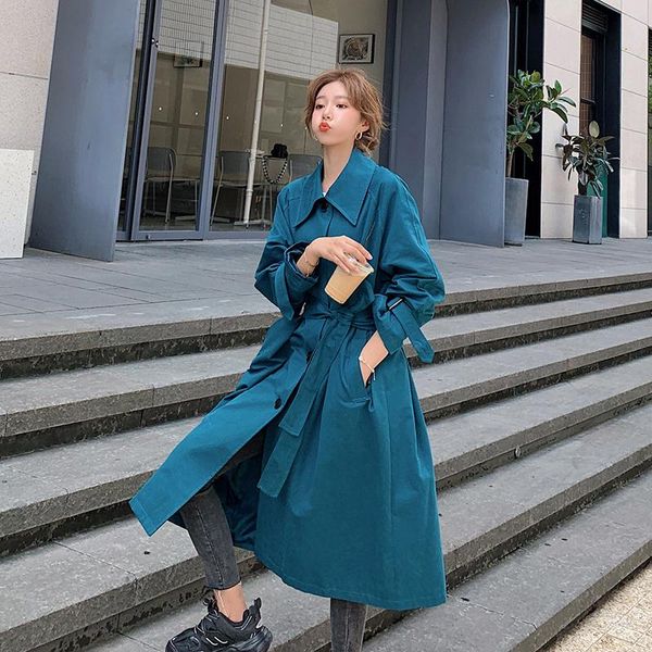 

women long sleeve lapel loose plus size solid color bandage trench coat office lady korean vintage windbreraker spring autumn, Tan;black