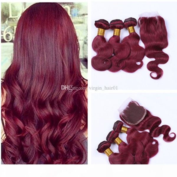

malaysian burgundy 3bundles hair with closure 4pcs lot 99j wine red malaysian virgin human hair weaves with body wave lace closure 4*4, Black;brown