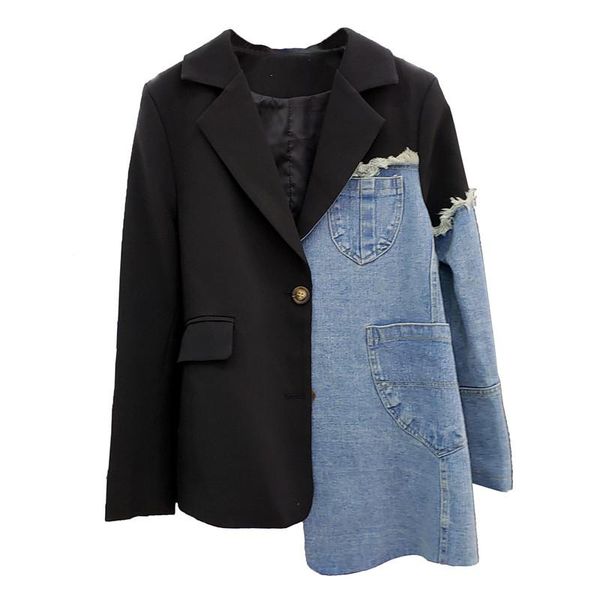 

ewq]2021 spring new women stitching denim jacket loose casual ladies office coat contrasting color design suits outwear, White;black