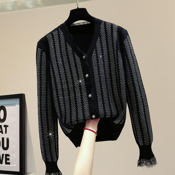 

lace long-sleeved knitted cardigan 2020 winter new drilling casual sweater bottom shirts female cardigans coat women sweater, White