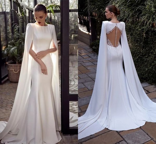 2021 Abiti da sposa moderni a sirena con lungo mantello avvolgente in chiffon con collo gioiello Abiti da sposa con applicazioni di pizzo Vedere attraverso la schiena Vestidos AL7616