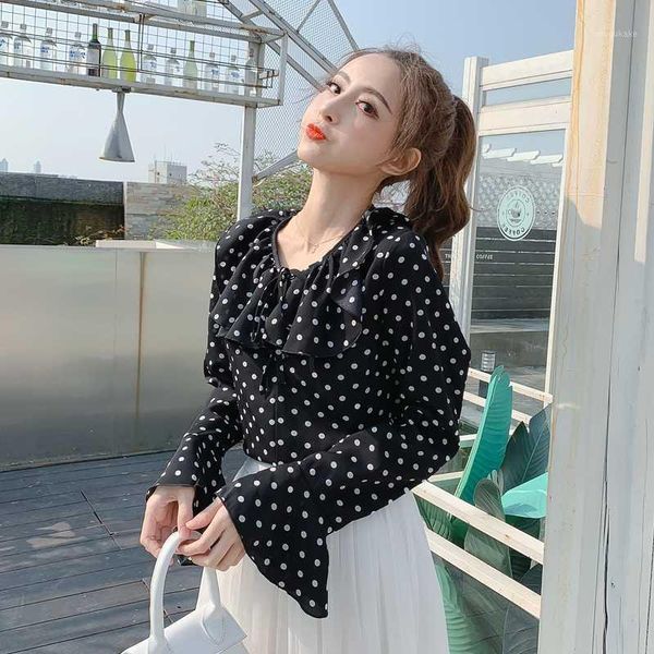 

plus size blouse women long sleeve dot crew neck korean clothes chiffon ladies formal shirt kimono mujer1, White
