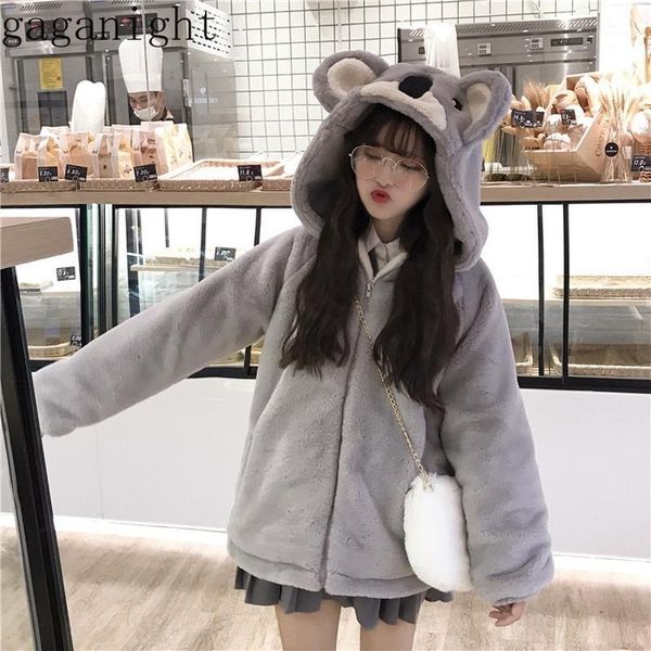 

gaganight cute koala girls winter fleece coat long sleeve hooded warm jacket women 2019 fashion parkas chic fluffy outwear 1, Black;brown