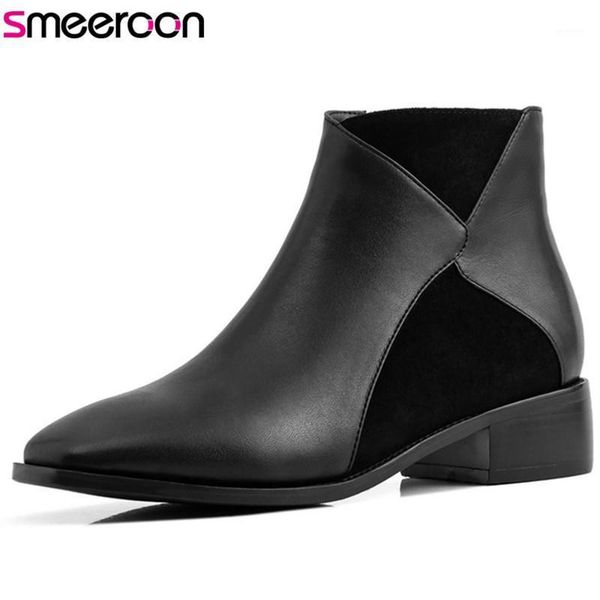 

smeeroon 2020 new fashion casual shoes woman boots zip pu flock low heel autumn winter comfortable ankle boots women1, Black