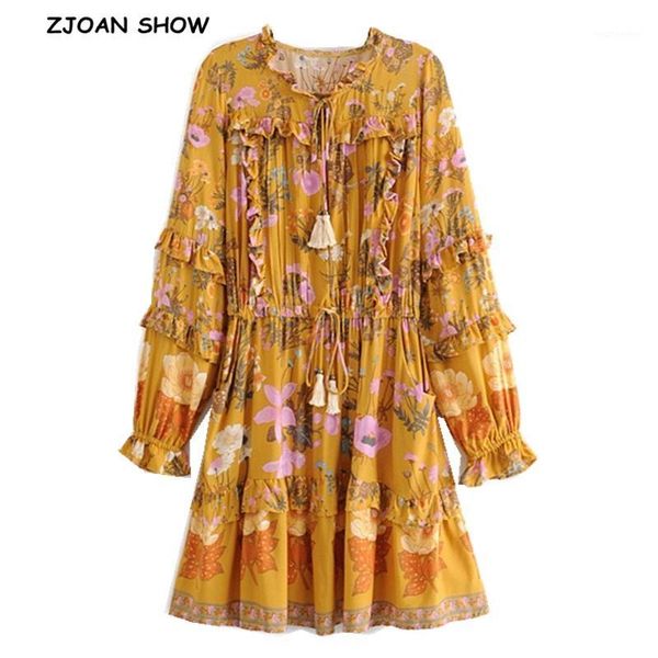 

2020 women tassel lacing up bow o neck floral print boho dress spliced wood ear ruffles lantern long sleeve mini short dresses1, Black;gray