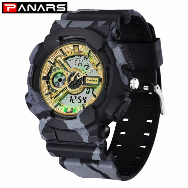 

panars 2019 new military digital watch camouflage outdoor sports double display electronic waterproof meter watches for men, Slivery;brown