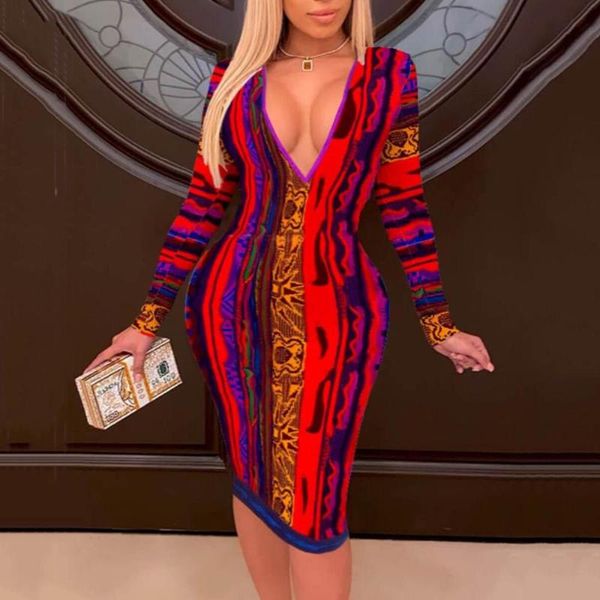 

4xl 5xl plus size bodycon dress women full sleeve deep v neck high waist mid calf evening party night club wear vestidos, Black;gray