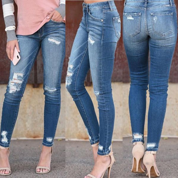 

female hole pencil jeans stretch slim fitness pants high waist jeans plus size pencil trousers1, Blue