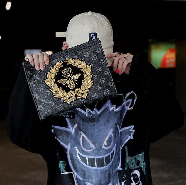 

factory wholesale men handbag new printed business clutch bag street trend embroidery envelope bag large fashion leather storage wallet