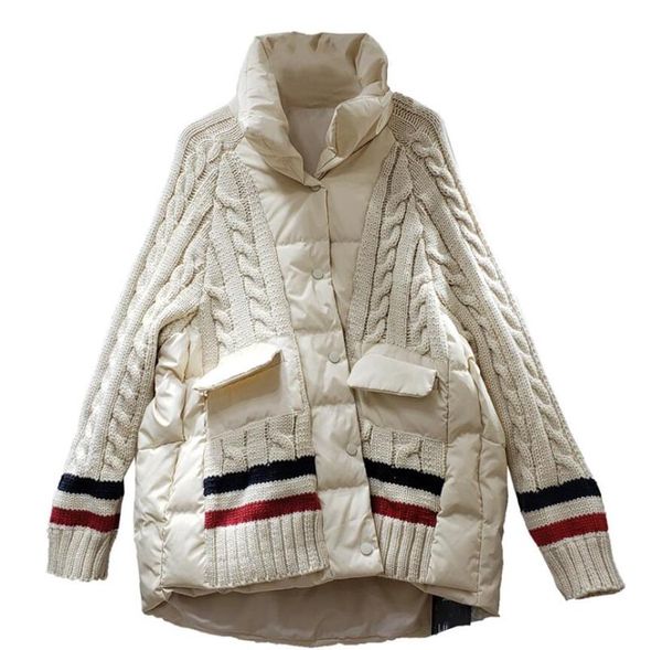 

european 2020 new autumn and winter stand collar knitted stitching loose padded coat fake two-piece down jacket woman overcoats, Black