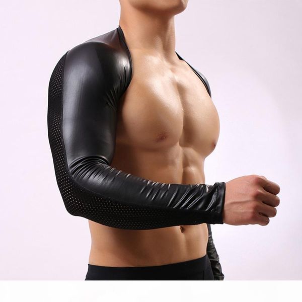 

aiiou mens faux leather hollow arm sleeves gay breathable mesh hole men nightwear products men singlet underwear, Black;brown