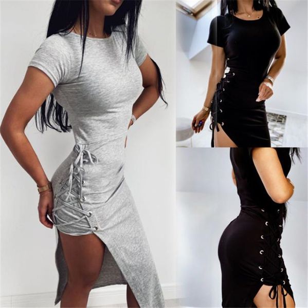 

lace up women dresses fashion solid color short sleeve o neck asymmetrical dress women designers clothes, White;black