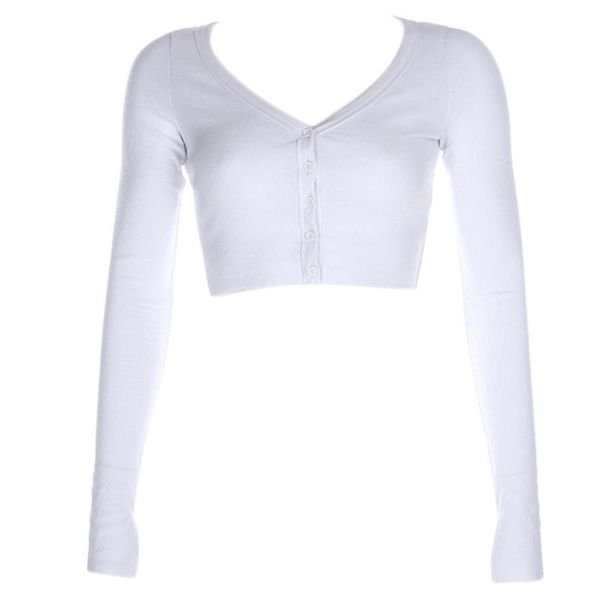

women long sleeve ribbed button cardigan deep v-neck slit cuffs crop m7dd, White