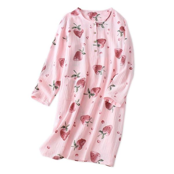 

winter kawaii strawberry 100% crepe cotton nightgowns women night dress japanese casual long sleeve indoor women sleepdress new, Black;red