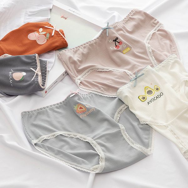 

panties for women fruit print threaded cotton girls lace ee underwear women's mid-waist sweet student briefs under, Black;pink