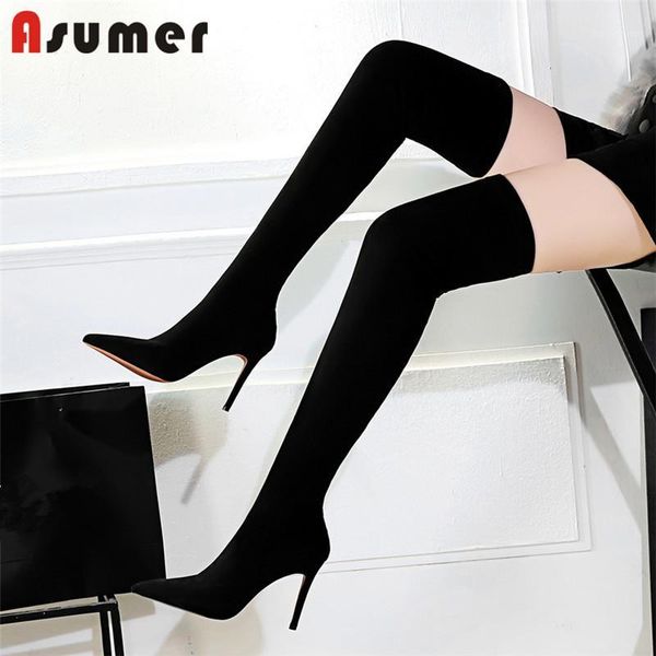 

boots asumer 2021 arrival thigh high women solid color thin heels party prom shoes woman stretch boots1, Black