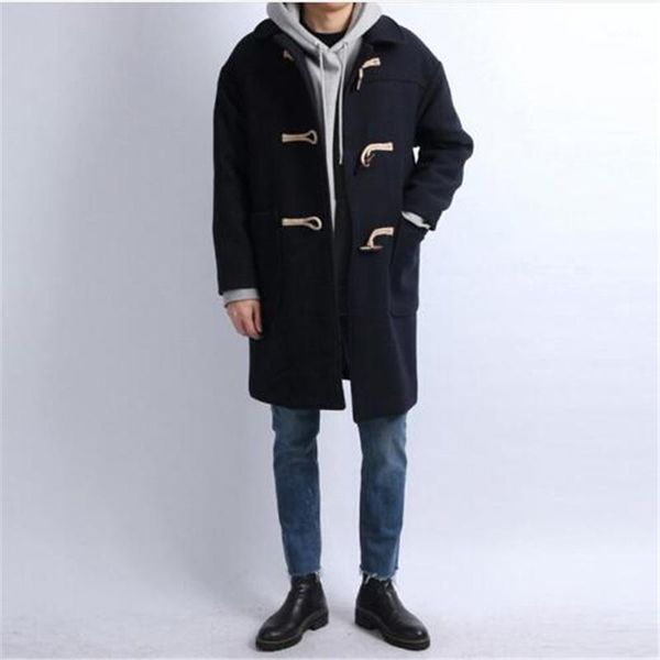 

horn buckle overcoat mid long causual business outwear man wool blends overcoat male coat style men trench mantel wolle1, Black