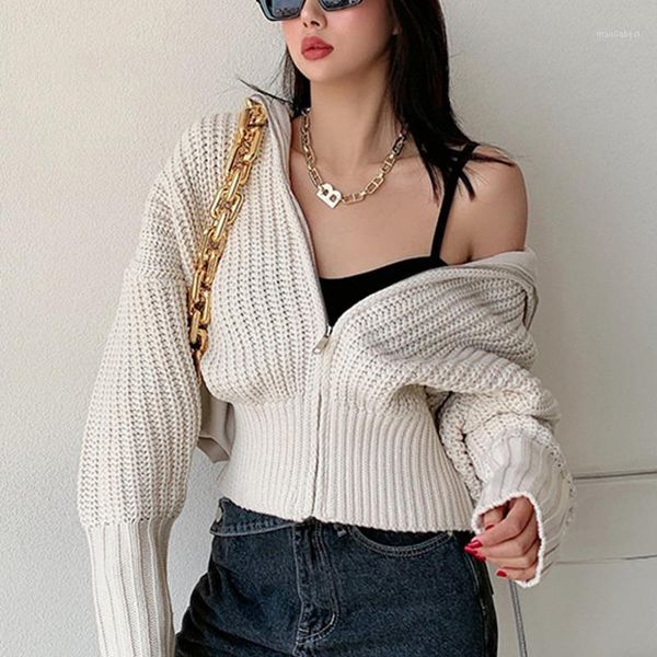 

womengaga sweater women's autumn winter thickened slouchy loose shawl lapel zipper fashion knitted cardigan mteh1, White