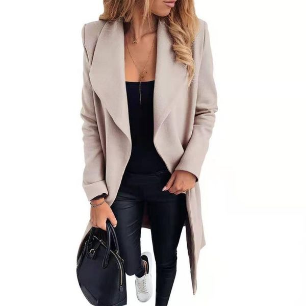 

2021 women's women's jacket lace-up lapel wool coat in solid color, long sleeves and long autumn/winter coat, Black
