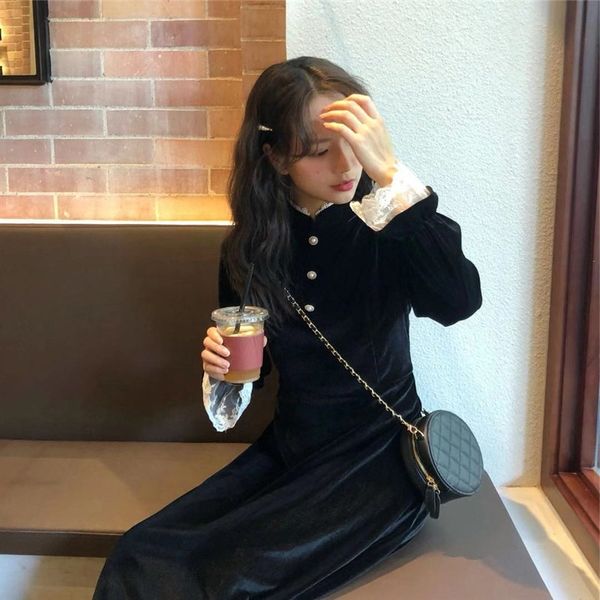 

2020 кружево юбки юбки долго skirtautumn нового французского шнурка сплайсинг стенд воротник бархатного талии закрытия темпераментых средней, Black;gray