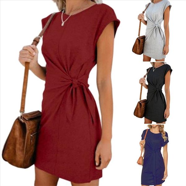 

summer women solid color bandage slim fits short sleeve o neck mini pencil dress drop shipping good quality, Black;gray