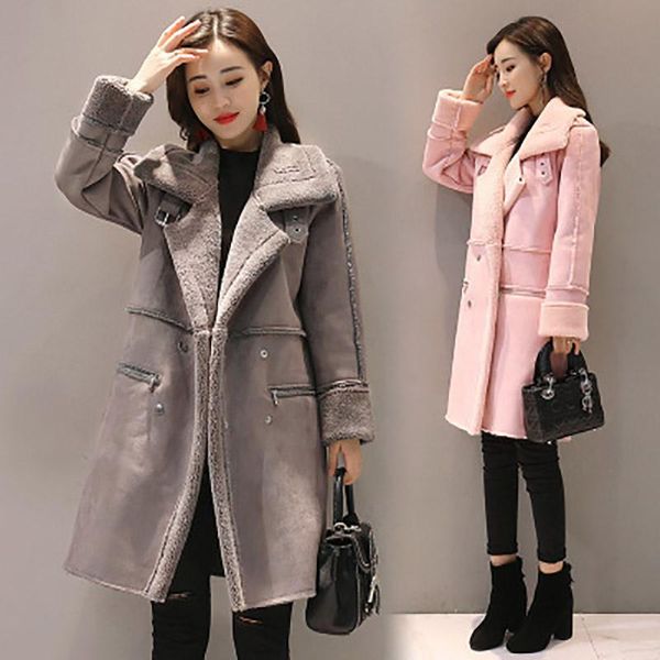 

women's fur & faux winter sheepskin coat very warm lamb ladies korean cropped outerwear loose female long suede clothing 2xl autumn, Black