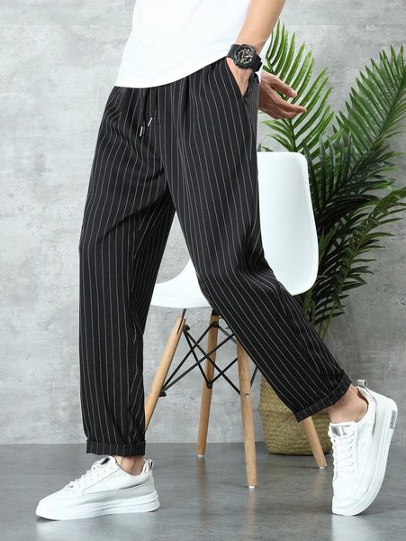 

men striped print drawstring pants e5fi#, Black