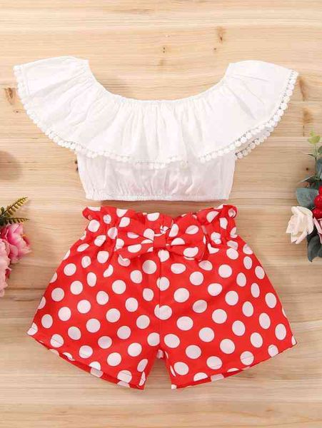 

baby ruffle trim & polka dot bow front shorts she, White