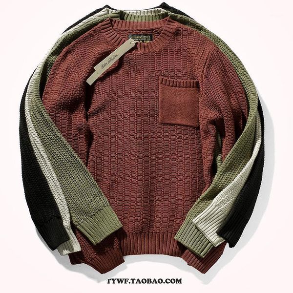 

2020 winter new men's japanese retro long-sleeved o-neck jacquard sweater knitted pocket lazy style thin wool sweater1, White;black