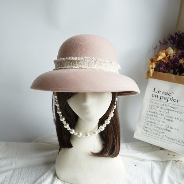 

202010-panshi-pink france style hepburn pearl wool lady bucket cap women fishermen hat, Blue;gray