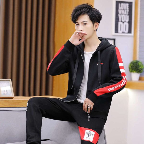

new sweater 2019 youth men's hooded trend versatile coat cool casual sportswear cardigan set, Black