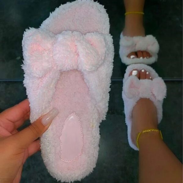 

outside fashion flat women slides fur slippers woman shoes white large size 41 42 plush cotton slipper home warm shoes #1r3p, Black