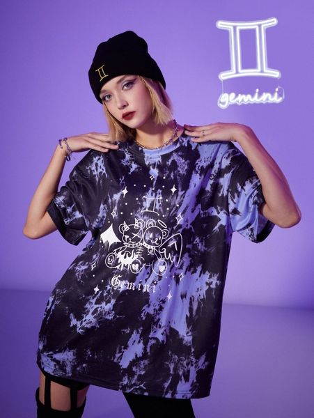 

romwe gemini letter cartoon graphic tie dye oversized tee n7io#, White