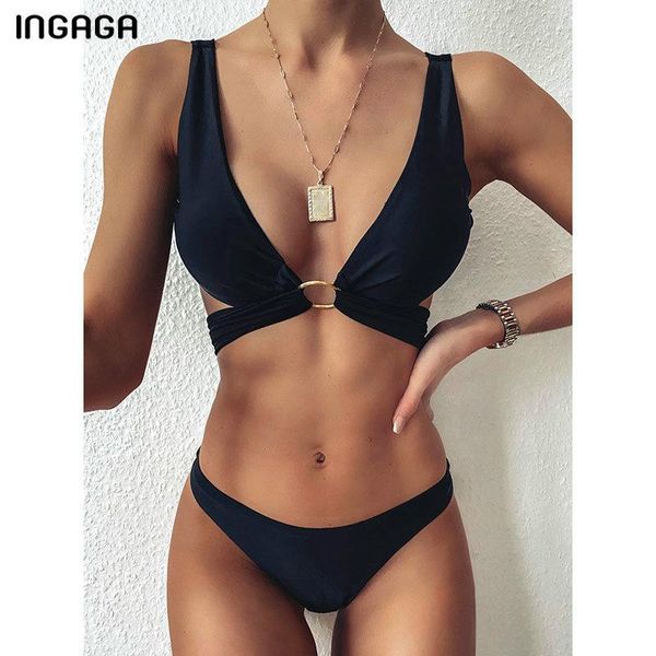 

women's swimwear ingaga 2021 black bikinis swimsuits cross bandage women solid push up biquini bathing suit padded beach wear, White;black