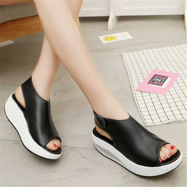 

2020fashion summer sandals women shake shoes thick wedges slope platform head leather sandals women shoes beach, Black