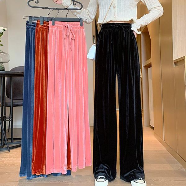 

plus size 4xl 2021 autumn fashion women casual pants lady pink velvet wide leg loose straight slacks female slim thin trousers, Black;white