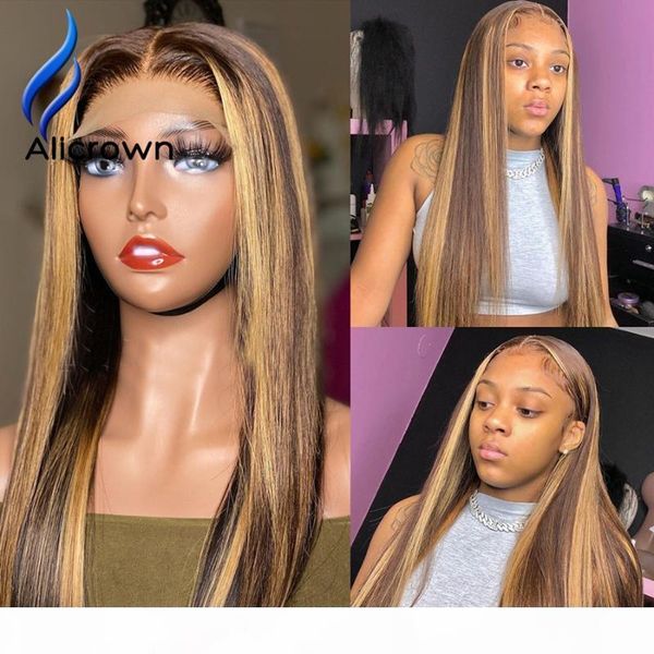 

alicrown highlight ombre t-part straight lace front human hair wigs pre-plucked brazilian non-remy hair lace wigs 180% density, Black;brown