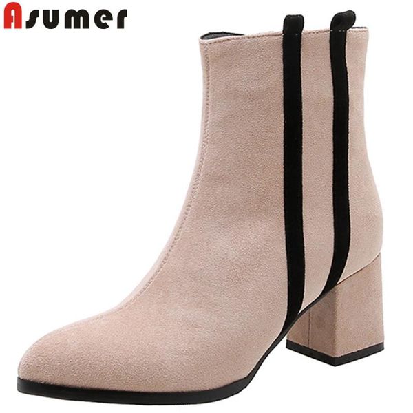 

boots asumer 2021 autumn winter pointed toe zip ladies ankle square high heels shoes women big size 34-43, Black