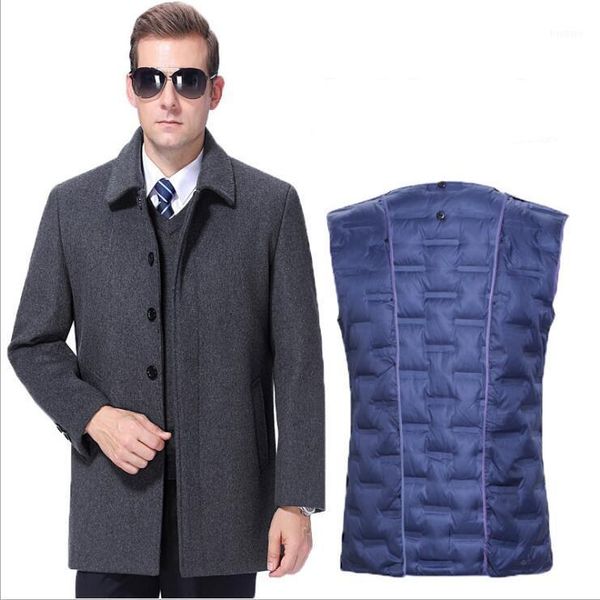 

male winter thicken detachable liner jacket woolen clothes trench coat casual woolen medium length overcoat for man weight 100kg1, Black